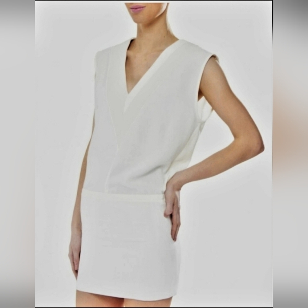 IRO Kacil Cream V-Neck Dress w/ Leather Inserts.White/Ivory– Size 40 (S/M